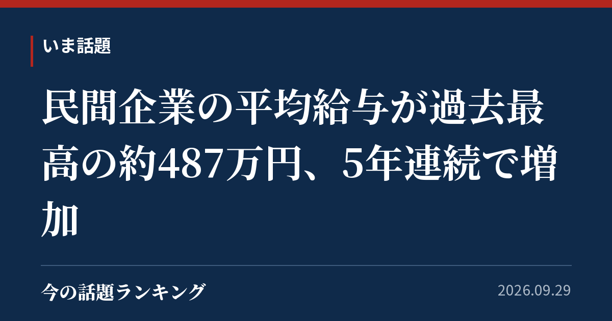 民間企業の平均給与が過去最高の約487万円、5年連続で増加
