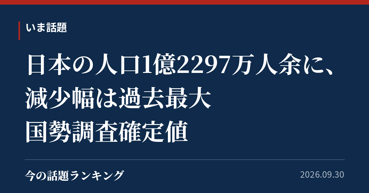 日本の人口1億2297万人余に、減少幅は過去最大 国勢調査確定値