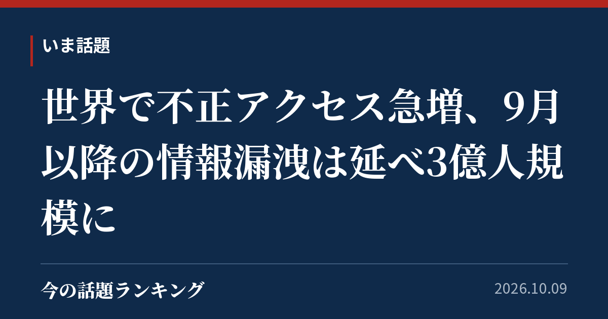 世界で不正アクセス急増、9月以降の情報漏洩は延べ3億人規模に