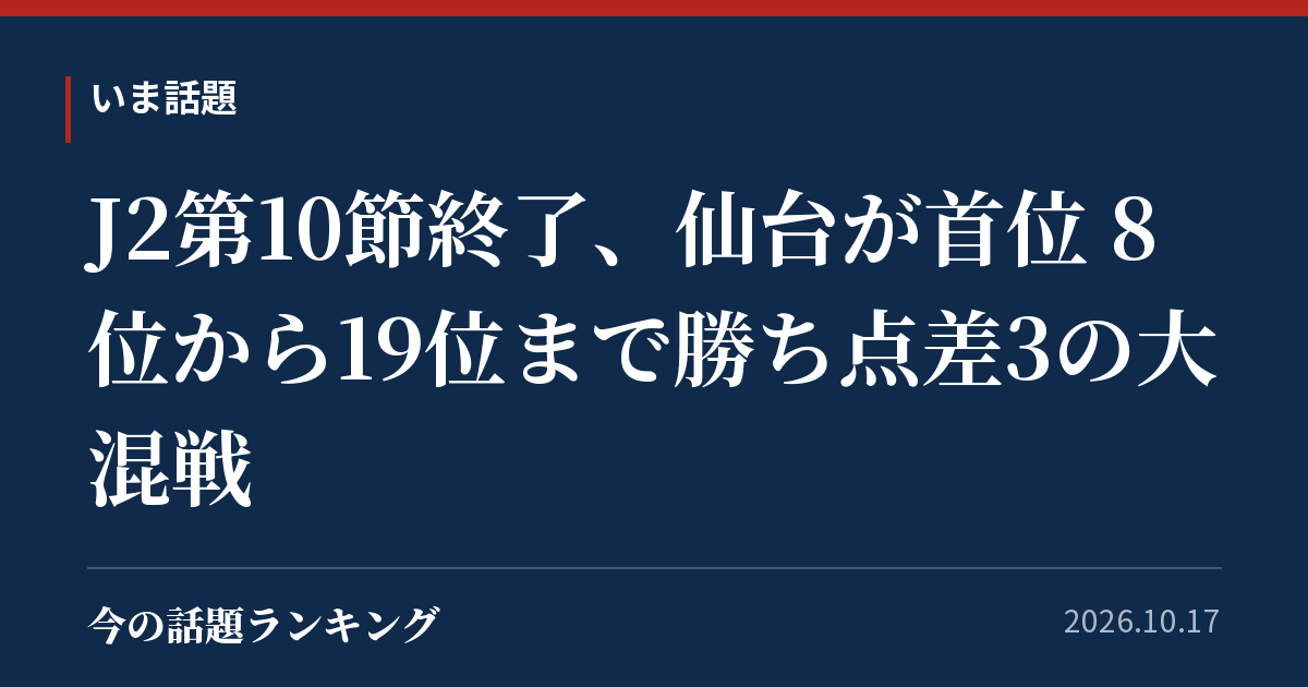 J2第10節終了、仙台が首位 8位から19位まで勝ち点差3の大混戦